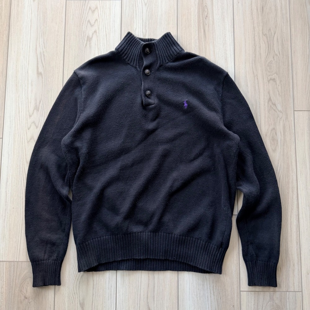 Polo Ralph Lauren Sweater Mens Large Black Mock Neck Button Knit Purple Pony
